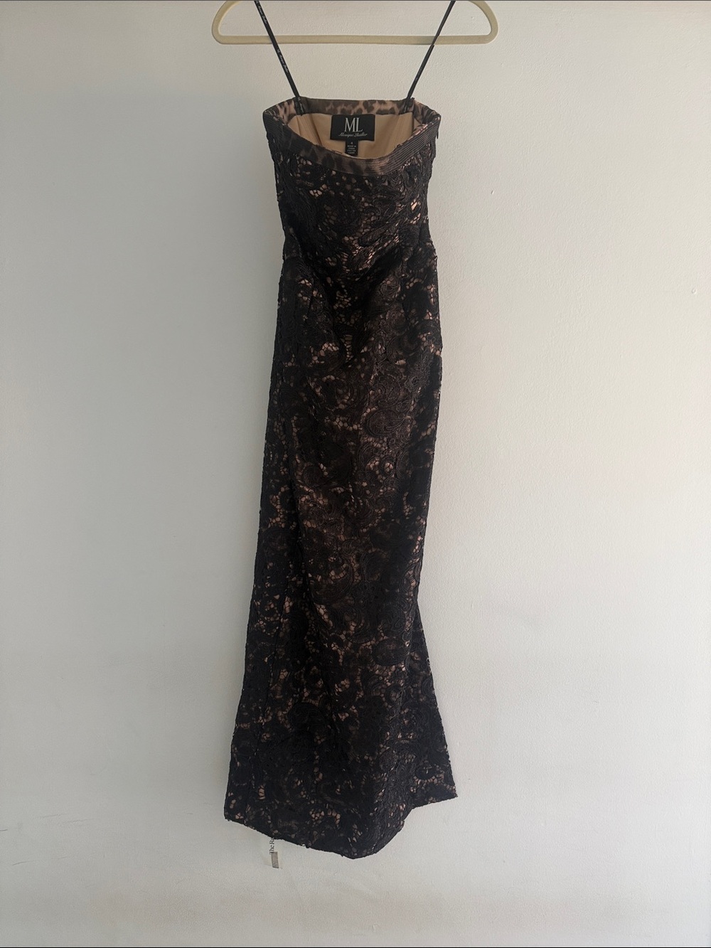 Monique Lhuillier Black Lace Strapless Gown with Bronze Underlay